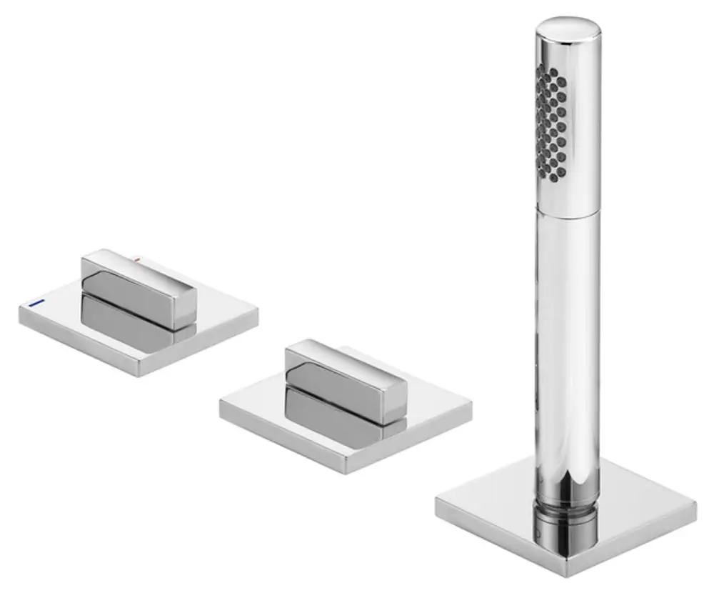 Keuco Wannenmischer in verchromtem Design mit drei Bedienelementen, einschließlich einer hohen Wasserzapfstelle und zwei Steuerknöpfen für Temperatur und Durchfluss.